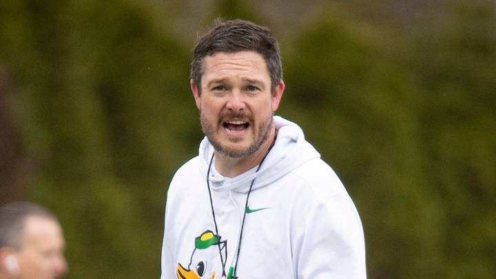 Oregon head coach Dan Lanning leads practice with the Oregon Ducks Saturday, April 6, 2024 at the Hatfield-Dowlin Complex in Eugene, Ore.