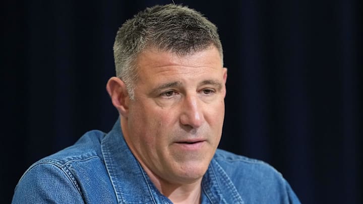 Feb 25, 2026; Indianapolis, IN, USA; New England Patriots coach Mike Vrabel speaks during the NFL Scouting Combine at the Indiana Convention Center. Mandatory Credit: Kirby Lee-Imagn Images Feb 25, 2026; Indianapolis, IN, USA; New England Patriots coach Mike Vrabel speaks during the NFL Scouting Combine at the Indiana Convention Center. Mandatory Credit: Kirby Lee-Imagn Images