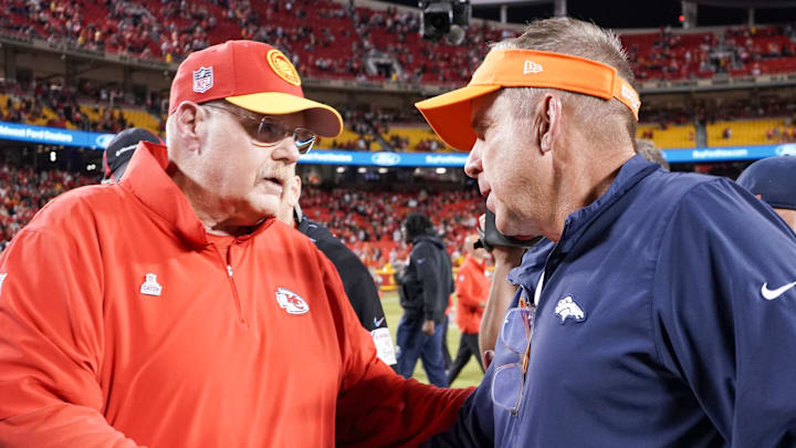 Oct 12, 2023; Kansas City, Missouri, USA; Kansas City Chiefs head coach Andy Reid shakes hands with Denver Broncos head coach Sean Payton after the game at GEHA Field at Arrowhead Stadium. Mandatory Credit: Denny Medley-Imagn Images Oct 12, 2023; Kansas City, Missouri, USA; Kansas City Chiefs head coach Andy Reid shakes hands with Denver Broncos head coach Sean Payton after the game at GEHA Field at Arrowhead Stadium. Mandatory Credit: Denny Medley-Imagn Images