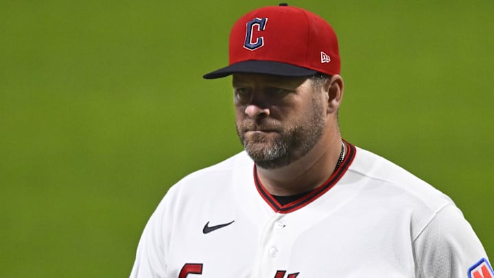 Apr 16, 2026; Cleveland, Ohio, USA; Cleveland Guardians manager Stephen Vogt (12) walks on the field in the ninth inning against the Baltimore Orioles at Progressive Field. Mandatory Credit: David Richard-Imagn Images