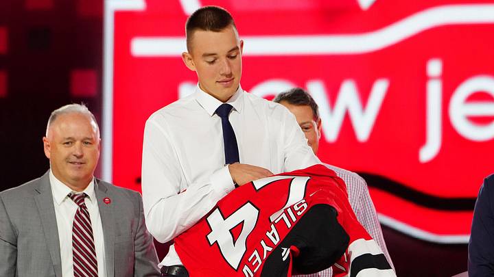 Jun 28, 2024; Las Vegas, Nevada, USA; Anton Silayev is selected by the New Jersey Devils with the 10th overall pick in the first round of the 2024 NHL Draft at The Sphere. Mandatory Credit: Stephen R. Sylvanie-Imagn Images Jun 28, 2024; Las Vegas, Nevada, USA; Anton Silayev is selected by the New Jersey Devils with the 10th overall pick in the first round of the 2024 NHL Draft at The Sphere. Mandatory Credit: Stephen R. Sylvanie-Imagn Images