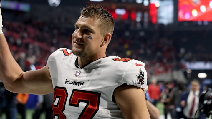 Dec 5, 2021; Atlanta, Georgia, USA; Tampa Bay Buccaneers tight end Rob Gronkowski (87) celebrates after their win against the Atlanta Falcons at Mercedes-Benz Stadium. Mandatory Credit: Jason Getz-Imagn Images
