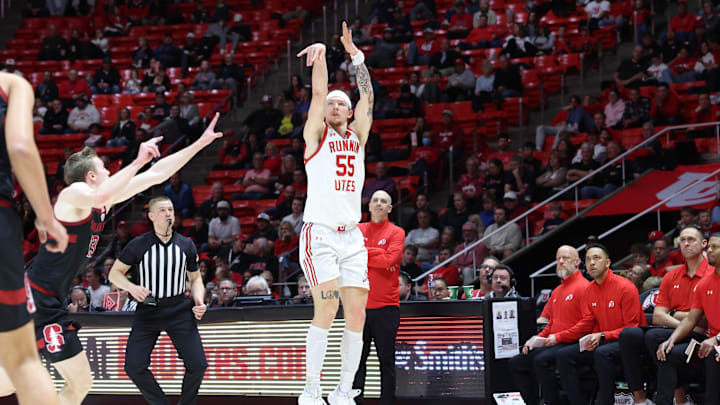 Feb 29, 2024; Salt Lake City, Utah, USA; Utah Utes guard Gabe Madsen (55) takes a three point shot against the Stanford Cardinal during the second half at Jon M. Huntsman Center. Mandatory Credit: Rob Gray-Imagn Images Feb 29, 2024; Salt Lake City, Utah, USA; Utah Utes guard Gabe Madsen (55) takes a three point shot against the Stanford Cardinal during the second half at Jon M. Huntsman Center. Mandatory Credit: Rob Gray-Imagn Images