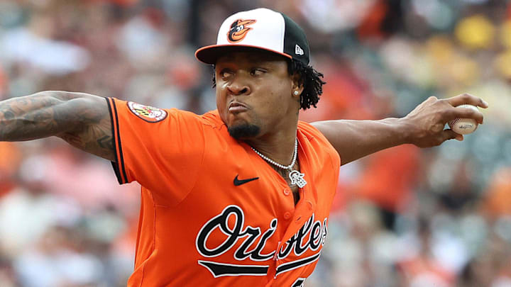 Jul 12, 2025; Baltimore, Maryland, USA; Baltimore Orioles pitcher Gregory Soto (65) throws during the seventh inning against the Miami Marlins at Oriole Park at Camden Yards. Mandatory Credit: Daniel Kucin Jr.-Imagn Images