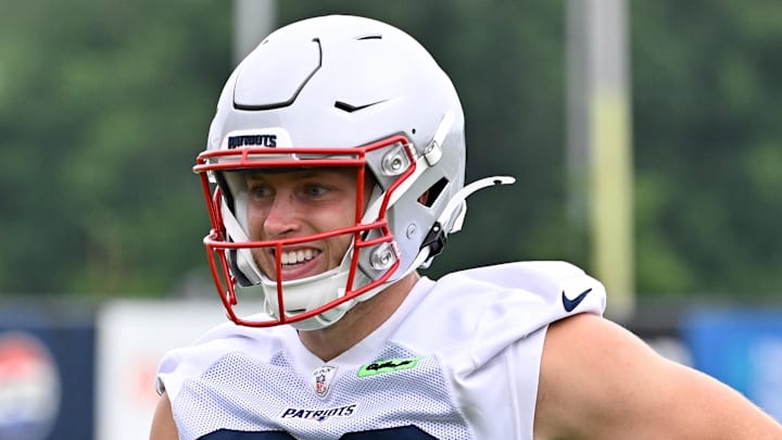 Jun 9, 2025; Foxborough, MA, USA; New England Patriots wide receiver Efton Chism III (86) reacts after completing a drill during minicamp at Gillette Stadium. Mandatory Credit: Eric Canha-Imagn Images