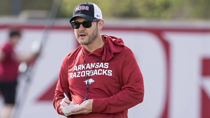 Arkansas Razorbacks coach Ryan Silverfield looks on during spring practice at the Arkansas Razorbacks practice facilities. 