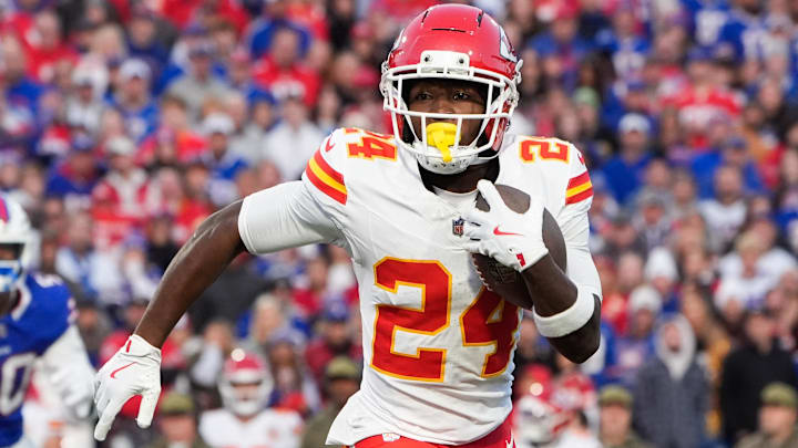 Nov 2, 2025; Orchard Park, New York, USA; Kansas City Chiefs running back Brashard Smith (24) runs the ball in the first quarter against the Buffalo Bills at Highmark Stadium. Nov 2, 2025; Orchard Park, New York, USA; Kansas City Chiefs running back Brashard Smith (24) runs the ball in the first quarter against the Buffalo Bills at Highmark Stadium.