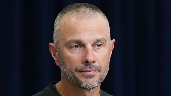 Feb 24, 2026; Indianapolis, IN, USA; Las Vegas Raiders general manager John Spytek speaks at the NFL Scouting Combine at the Indiana Convention Center. Mandatory Credit: Kirby Lee-Imagn Images