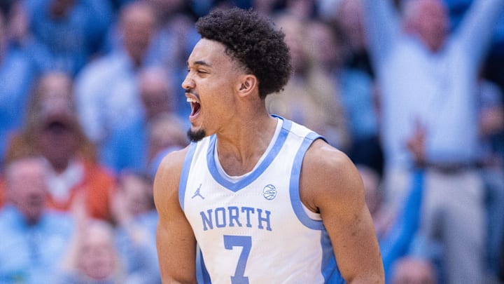 Mar 3, 2026; Chapel Hill, North Carolina, USA; North Carolina Tar Heels guard Seth Trimble (7) celebrates after a three point basket against the Clemson Tigers during the first half at Dean E. Smith Center. Mandatory Credit: Scott Kinser-Imagn Images