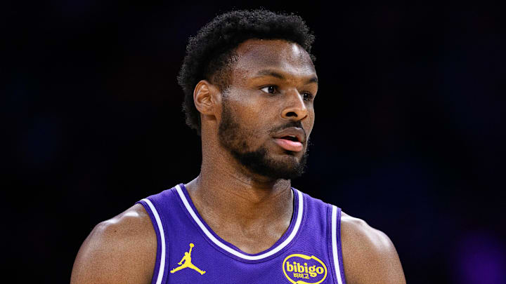 Mar 27, 2026; Los Angeles, California, USA; Los Angeles Lakers guard Bronny James (9) walks onto the court during the first half against the Brooklyn Nets at Crypto.com Arena. Mandatory Credit: William Liang-Imagn Images