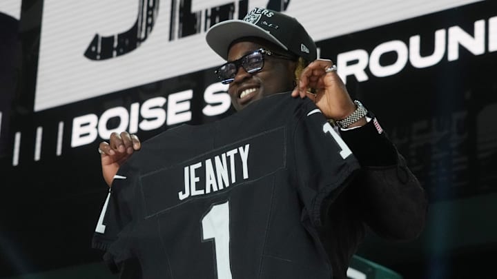 Apr 24, 2025; Green Bay, WI, USA; Boise State Broncos running back Ashton Jeanty is selected by the Las Vegas Raiders as the number six pick in the first round of the 2025 NFL Draft at Lambeau Field. Mandatory Credit: Kirby Lee-Imagn Images