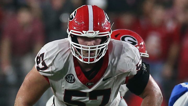 Georgia Bulldogs offensive lineman Monroe Freeling (57).