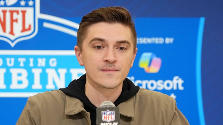 Feb 25, 2025; Indianapolis, IN, USA; Jacksonville Jaguars general manger James Gladstone speaks during the NFL Scouting Combine at the Indiana Convention Center. Mandatory Credit: Kirby Lee-Imagn Images