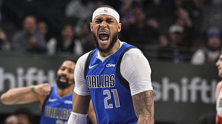 Jan 9, 2025; Dallas, Texas, USA; Dallas Mavericks center Daniel Gafford (21) celebrates as guard Quentin Grimes (5) and guard Spencer Dinwiddie (26) look on during the second half against the Portland Trail Blazers at the American Airlines Center. Mandatory Credit: Jerome Miron-Imagn Images Jan 9, 2025; Dallas, Texas, USA; Dallas Mavericks center Daniel Gafford (21) celebrates as guard Quentin Grimes (5) and guard Spencer Dinwiddie (26) look on during the second half against the Portland Trail Blazers at the American Airlines Center. Mandatory Credit: Jerome Miron-Imagn Images