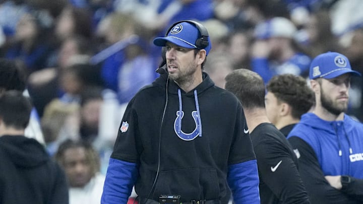Jan 5, 2025; Indianapolis, Indiana, USA; Indianapolis Colts Head Coach Shane Steichen looks out on the field during a game against the Jacksonville Jaguars at Lucas Oil Stadium. Jan 5, 2025; Indianapolis, Indiana, USA; Indianapolis Colts Head Coach Shane Steichen looks out on the field during a game against the Jacksonville Jaguars at Lucas Oil Stadium.
