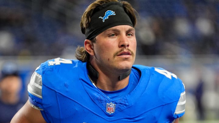 Detroit Lions linebacker Malcolm Rodriguez (44) runs off the field after warm-ups during the first quarter of the NFL game at Ford Field in Detroit on Oct. 27, 2024. Detroit Lions linebacker Malcolm Rodriguez (44) runs off the field after warm-ups during the first quarter of the NFL game at Ford Field in Detroit on Oct. 27, 2024.