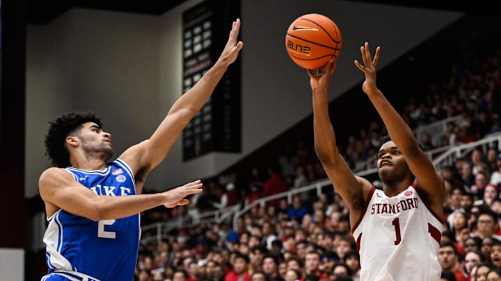 Jan 17, 2026; Stanford, California, USA; Stanford Cardinal guard Ebuka Okorie (1) shoots against Duke Blue Devils guard Cayden Boozer (2) in the first half at Maples Pavilion. Mandatory Credit: Eakin Howard-Imagn Images