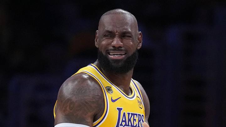 Apr 18, 2026; Los Angeles, California, USA; Los Angeles Lakers forward LeBron James (23) reacts against the Houston Rockets in the second half during game one of the first round of the 2026 NBA Playoffs at Crypto.com Arena. Mandatory Credit: Kirby Lee-Imagn Images