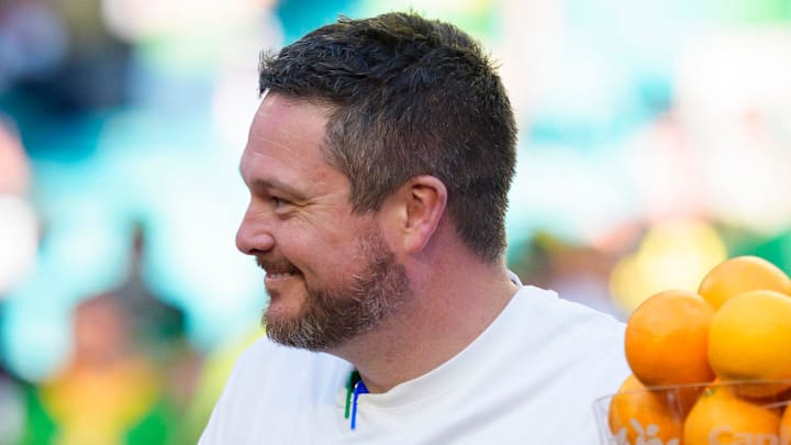 Oregon head coach Dan Lanning as the Oregon Ducks take on the Texas Tech Red Raiders in the Orange Bowl on Jan. 1, 2026, at Hard Rock Stadium in Miami, Florida.