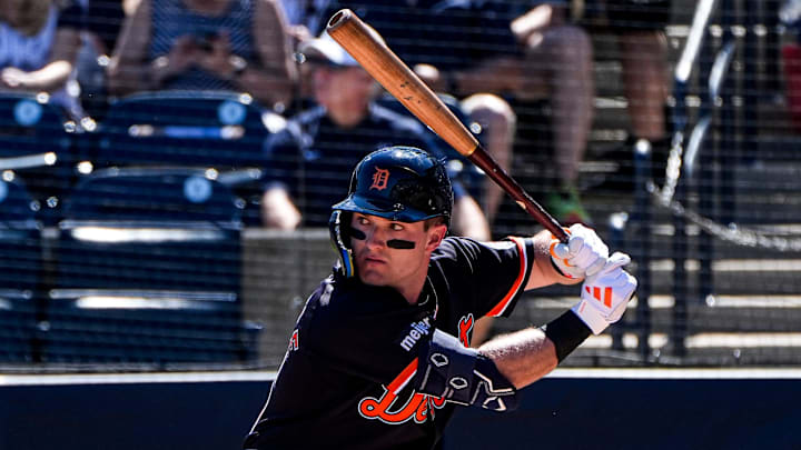 Detroit Tigers infielder Kevin McGonigle bats.