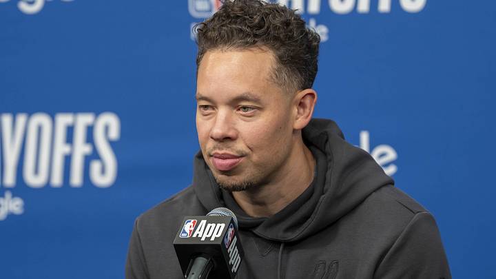 May 8, 2026; Minneapolis, Minnesota, USA; San Antonio Spurs head coach Mitch Johnson talks to the media before game three of the second round of the 2026 NBA Playoffs against the Minnesota Timberwolves at Target Center. Mandatory Credit: Jesse Johnson-Imagn Images