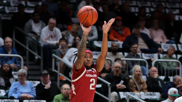 Arkansas Razorbacks guard Boogie Fland (2) shoots the basketball against the Miami Hurricanes during the first half at Watsco Center. Arkansas Razorbacks guard Boogie Fland (2) shoots the basketball against the Miami Hurricanes during the first half at Watsco Center.