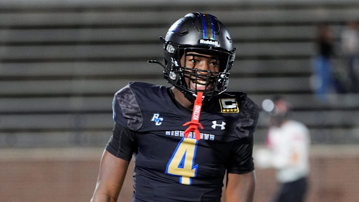 Rejoice Christian's Xavier Okwufulueze (4) celebrates a play during the Class A1 state championship game between Tonkawa and Rejoice Christian at Chad Richison Stadium in Edmond, Okla., Thursday Dec. 11, 2025.