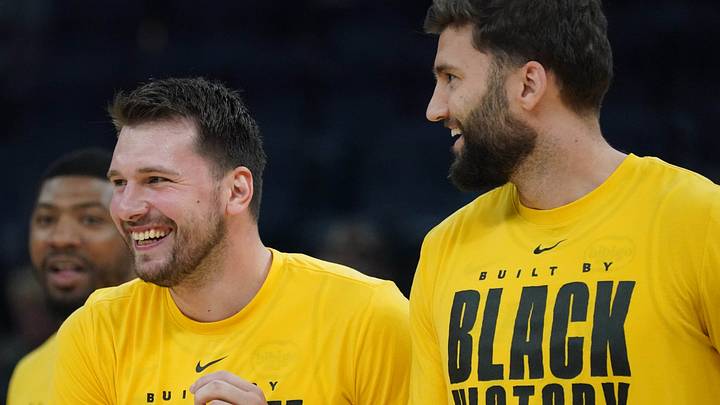 Feb 28, 2026; San Francisco, California, USA; Los Angeles Lakers forward/guard Luka Doncic (77) laughs with forward-center Maxi Kleber (14) during pre-game warmups during a game against the Golden State Warriors at Chase Center. Mandatory Credit: David Gonzales-Imagn Images Feb 28, 2026; San Francisco, California, USA; Los Angeles Lakers forward/guard Luka Doncic (77) laughs with forward-center Maxi Kleber (14) during pre-game warmups during a game against the Golden State Warriors at Chase Center. Mandatory Credit: David Gonzales-Imagn Images