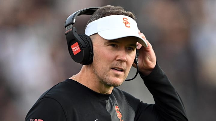 Sep 13, 2025; West Lafayette, Indiana, USA; Southern California Trojans head coach Lincoln Riley stands on the sidelines during the first quarter against the Purdue Boilermakers at Ross-Ade Stadium. Mandatory Credit: Marc Lebryk-Imagn Images