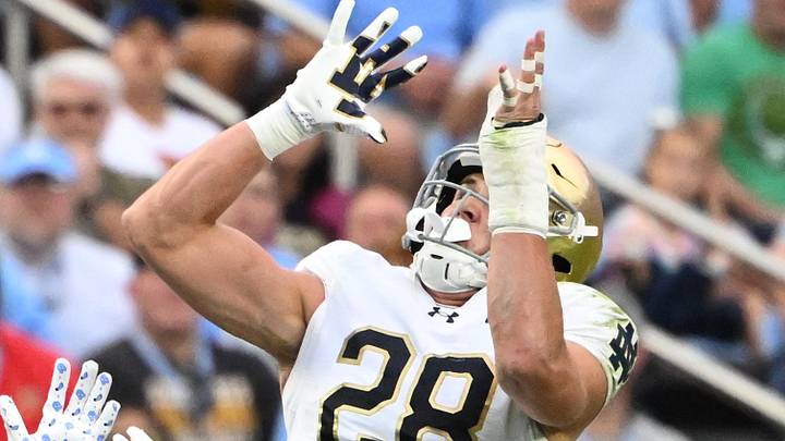 Notre Dame's Luke Talich intercepts a pass in their win against North Carolina Notre Dame's Luke Talich intercepts a pass in their win against North Carolina