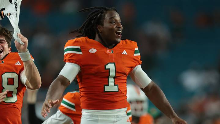 Sep 10, 2026; Miami Gardens, Florida, USA;  Miami Hurricanes wide receiver Malachi Toney (1) reacts to a touchdown scored by wide receiver Vance Spafford (13) in the third quarter against the Florida A&M Rattlers at Hard Rock Stadium.  Mandatory Credit: Sam Navarro-Imagn Images