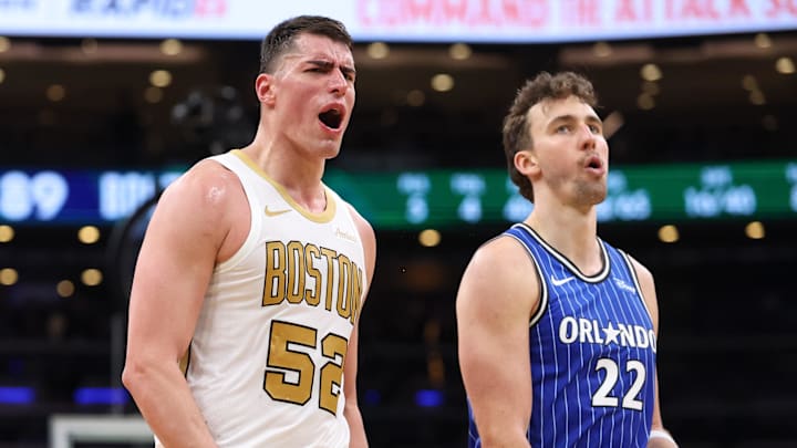Apr 12, 2026; Boston, Massachusetts, USA; Boston Celtics forward Luka Garza (52) reacts during the second half against the Orlando Magic at TD Garden. Mandatory Credit: Paul Rutherford-Imagn Images