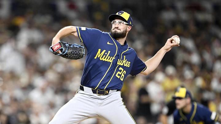 Oct 7, 2026; San Diego, California, USA;  Milwaukee Brewers pitcher Aaron Ashby (26) pitches during the fifth inning against the San Diego Padres in game four of the NLDS for the 2026 MLB Playoffs at Petco Park.  Mandatory Credit: Denis Poroy-Imagn Images