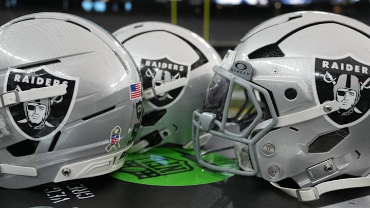 Nov 23, 2025; Paradise, Nevada, USA; Las Vegas Raiders helmets on the sidelines at Allegiant Stadium. Mandatory Credit: Kirby Lee-Imagn Images