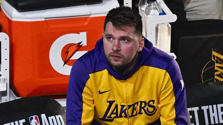 Apr 9, 2025; Dallas, Texas, USA; Los Angeles Lakers guard Luka Doncic (77) is introduced before the game between the Dallas Mavericks and the Los Angeles Lakers at American Airlines Center. Mandatory Credit: Jerome Miron-Imagn Images