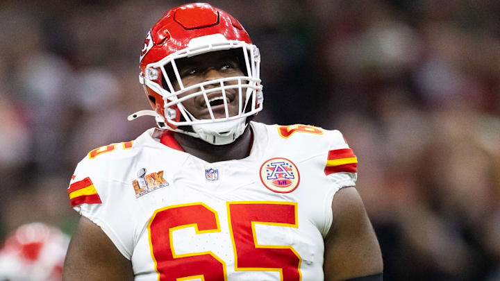 Feb 9, 2025; New Orleans, LA, USA;  Kansas City Chiefs guard Trey Smith (65) against the Philadelphia Eagles in Super Bowl LIX at Ceasars Superdome.