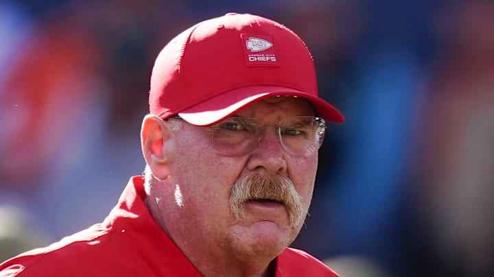 Nov 16, 2025; Denver, Colorado, USA; Kansas City Chiefs head coach Andy Reid before the game against the Denver Broncos at Empower Field at Mile High. Mandatory Credit: Ron Chenoy-Imagn Images