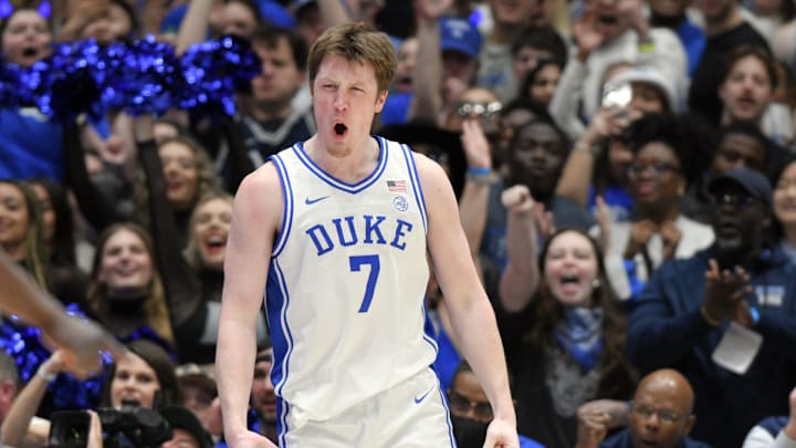 Mar 1, 2025; Durham, North Carolina, USA; Duke Blue Devils forward Kon Knueppel (7) reacts after scoring during the first half against the Florida State Seminoles at Cameron Indoor Stadium. Mandatory Credit: Zachary Taft-Imagn Images Mar 1, 2025; Durham, North Carolina, USA; Duke Blue Devils forward Kon Knueppel (7) reacts after scoring during the first half against the Florida State Seminoles at Cameron Indoor Stadium. Mandatory Credit: Zachary Taft-Imagn Images
