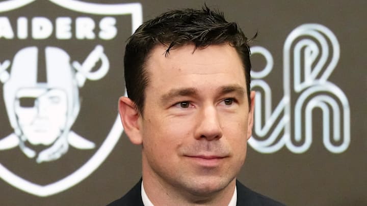 Feb 10, 2026; Henderson, NV, USA; Las Vegas Raiders coach Klint Kubiak speaks at introductory press conference at Intermountain Health Performance Center. Mandatory Credit: Kirby Lee-Imagn Images Feb 10, 2026; Henderson, NV, USA; Las Vegas Raiders coach Klint Kubiak speaks at introductory press conference at Intermountain Health Performance Center. Mandatory Credit: Kirby Lee-Imagn Images