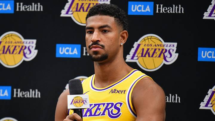 Sep 28, 2026; El Segundo, CA, USA; Los Angeles Lakers player Quentin Grimes (5) during media day at UCLA Health Training Center.  Mandatory Credit: Gary A. Vasquez-Imagn Images