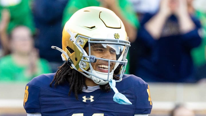 Oct 11, 2025; South Bend, Indiana, USA; Notre Dame Fighting Irish wide receiver Kk Smith (11) celebrates scoring against the NC State Wolfpack during the second half at Notre Dame Stadium. Mandatory Credit: Michael Caterina-Imagn Images