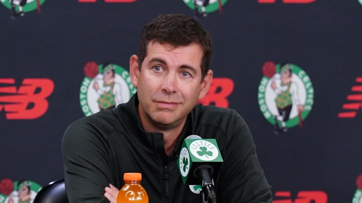 Sep 29, 2025; Boston, MA, USA; Boston Celtics president of basketball operations Brad Stevens talks to reporters during media day at the Auerbach Center. Mandatory Credit: David Butler II-Imagn Images