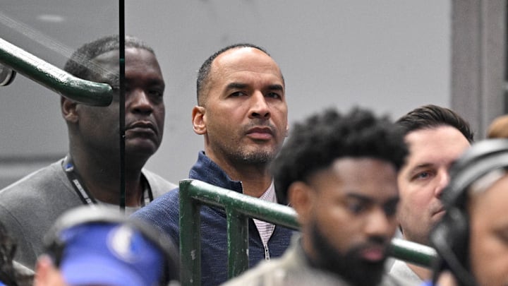 Apr 11, 2025; Dallas, Texas, USA; Dallas Mavericks general manager Nico Harrison looks on during the second quarter of the game between the Dallas Mavericks and the Toronto Raptors at the American Airlines Center. Mandatory Credit: Jerome Miron-Imagn Images