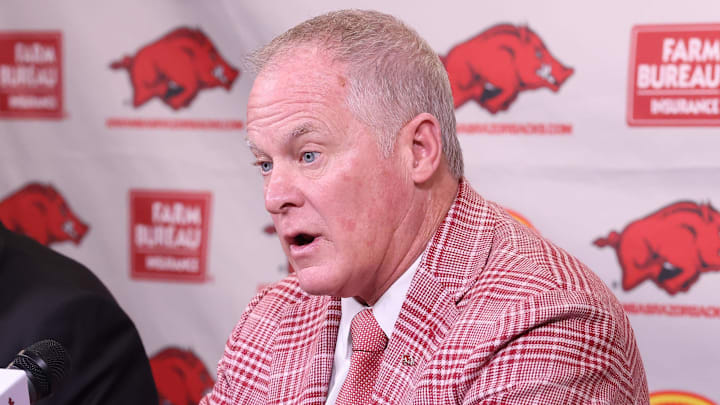 Arkansas Razorbacks athletic director Hunter Yurachek with new coach Ryan Silverfield at Frank Broyles Center in Fayetteville, Ark.