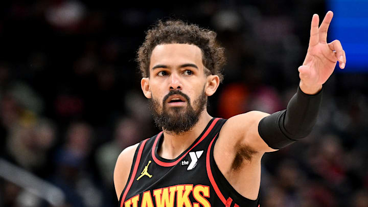 Trae Young #11 of the Atlanta Hawks reacts against the Washington Wizards.