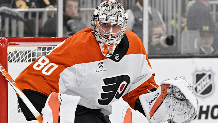 Sep 29, 2025; Boston, Massachusetts, USA;  Philadelphia Flyers goaltender Dan Vladar (80) in net during the first period against the Boston Bruins at TD Garden. Mandatory Credit: Eric Canha-Imagn Images