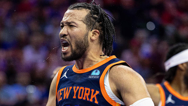 Apr 28, 2024; Philadelphia, Pennsylvania, USA; New York Knicks guard Jalen Brunson (11) reacts after scoring against the Philadelphia 76ers during the third quarter of game four of the first round in the 2024 NBA playoffs at Wells Fargo Center. Mandatory Credit: Bill Streicher-Imagn Images