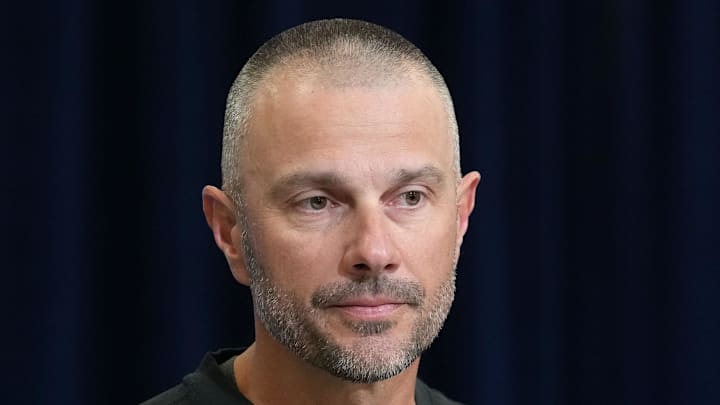 Feb 24, 2026; Indianapolis, IN, USA; Las Vegas Raiders general manager John Spytek speaks at the NFL Scouting Combine at the Indiana Convention Center. Mandatory Credit: Kirby Lee-Imagn Images