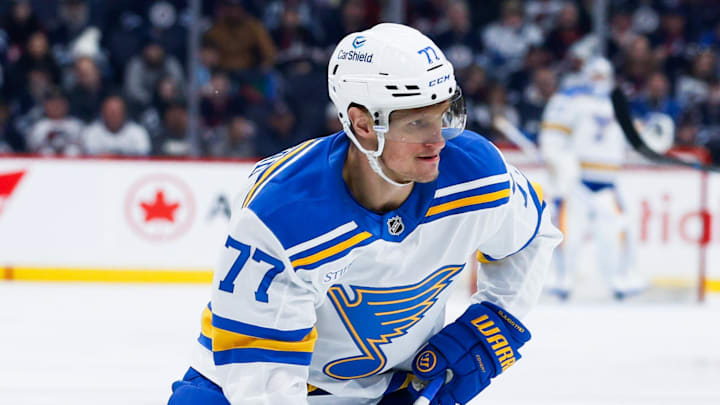 Jan 20, 2026; Winnipeg, Manitoba, CAN; St. Louis Blues forward Nick Bjugstad (77) looks to take a shot in the Winnipeg Jets zone during the first period at Canada Life Centre. Mandatory Credit: Terrence Lee-Imagn Images
