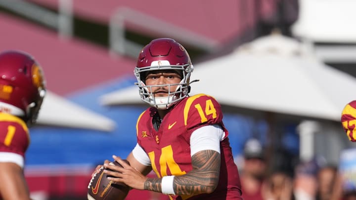 Aug 30, 2025; Los Angeles, California, USA; Southern California Trojans quarterback Jayden Maiava (14) throws the ball against the Missouri State Bears in the first half at United Airlines Field at Los Angeles Memorial Coliseum. Mandatory Credit: Kirby Lee-Imagn Images